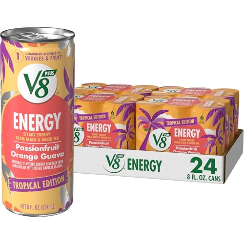 V8 +Energy Passionfruit Orange Guava Juice Energy Drink, 8 fl oz (24 Pack)
